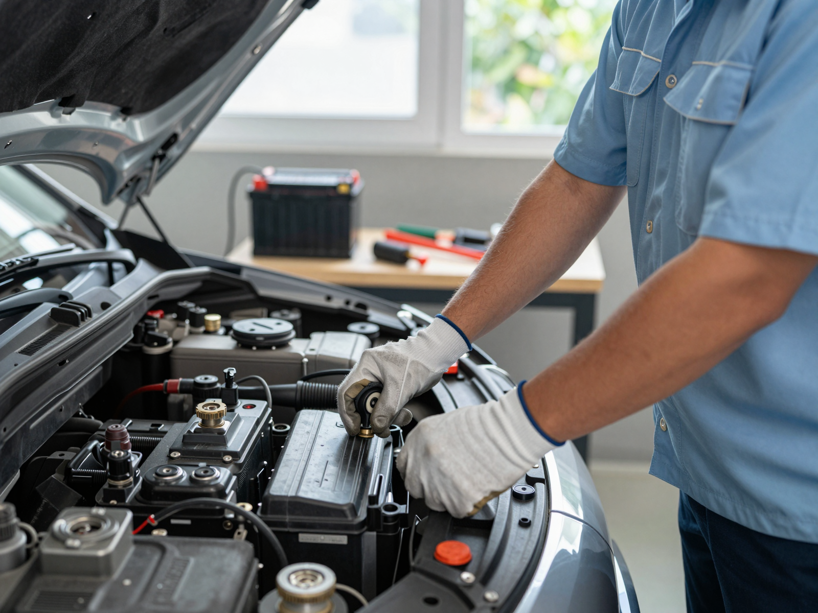 Mechanic working on car battery in garage