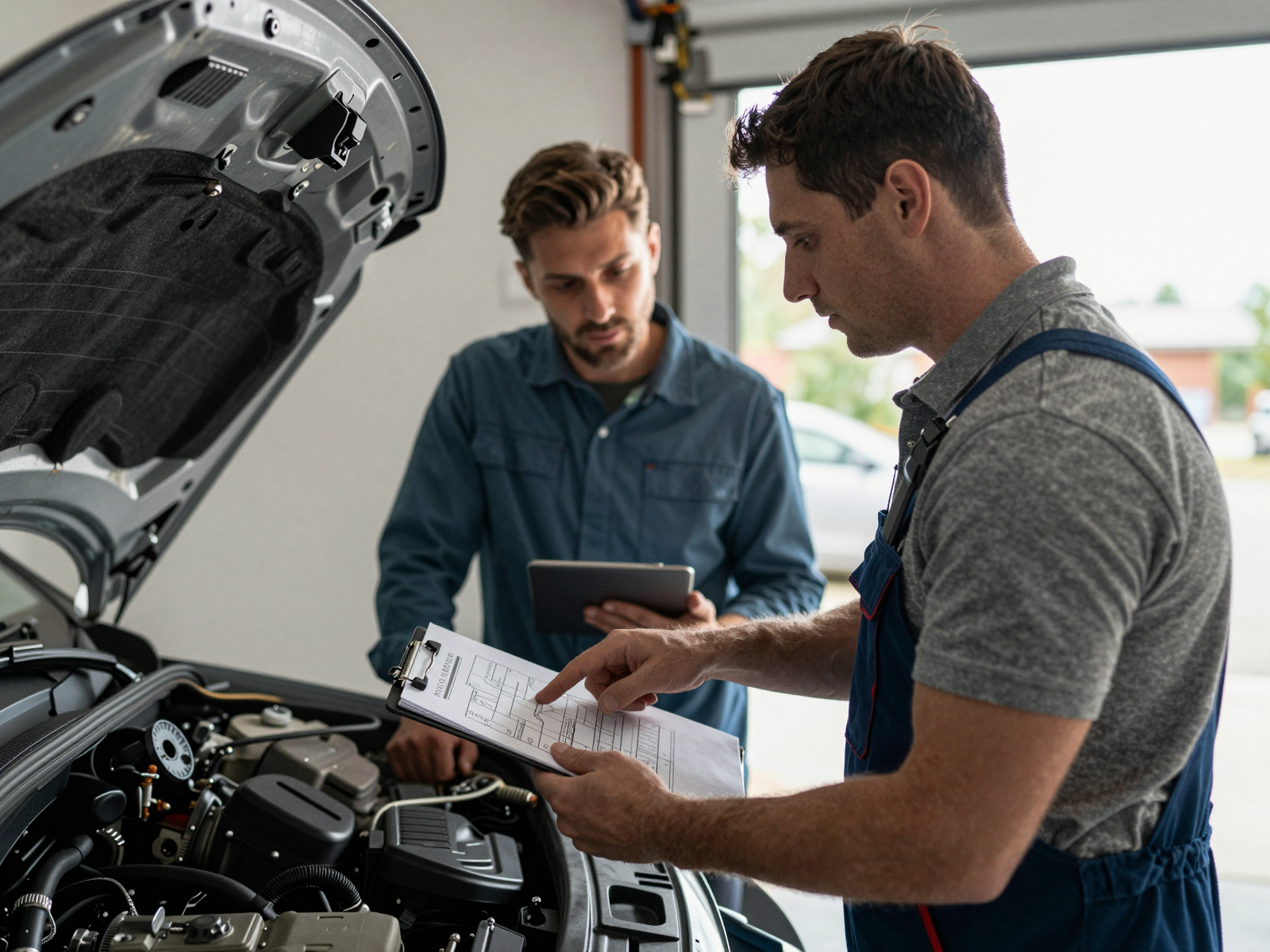 Technician explaining electrical repair to customer