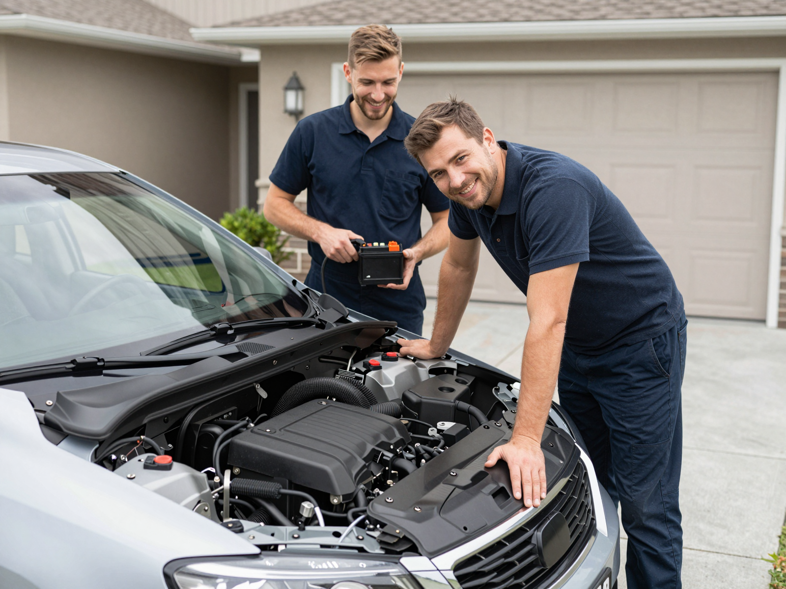 Satisfied customer with mechanic after service completion